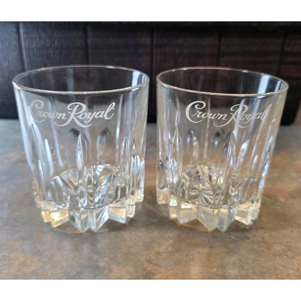 2 Crown Royal Whiskey Rocks Glasses, Diamond-Cut, Embossed Logo, Italy, 8 oz